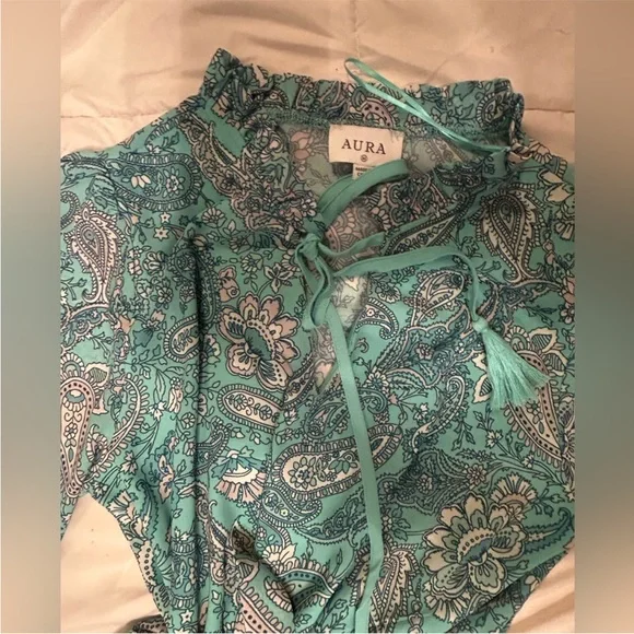 ❤️ Aura Turquoise Paisley Floral Modest Beautiful Long Sleeve Dress Blue Green - Picture 4 of 8